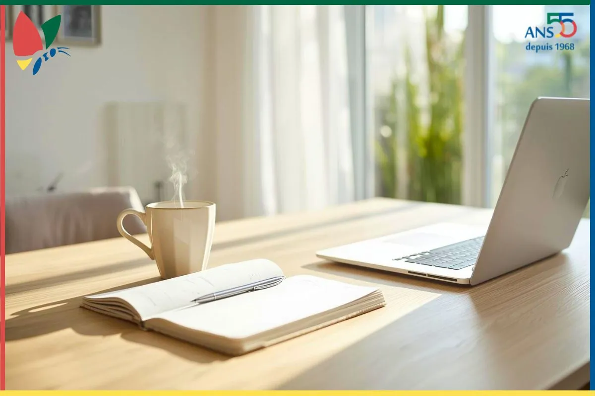 Bureau lumineux avec un carnet ouvert, une tasse chaude et un ordinateur, illustrant un espace calme qui facilite la concentration en début d’année