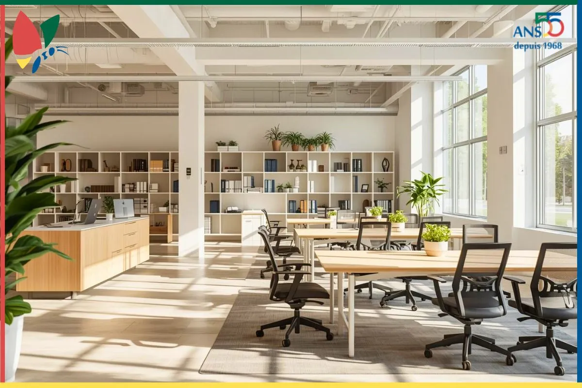 Open space lumineux et bien organisé avec bureaux dégagés, plantes vertes et étagères rangées, illustrant un espace professionnel apaisé et prêt pour débuter l’année