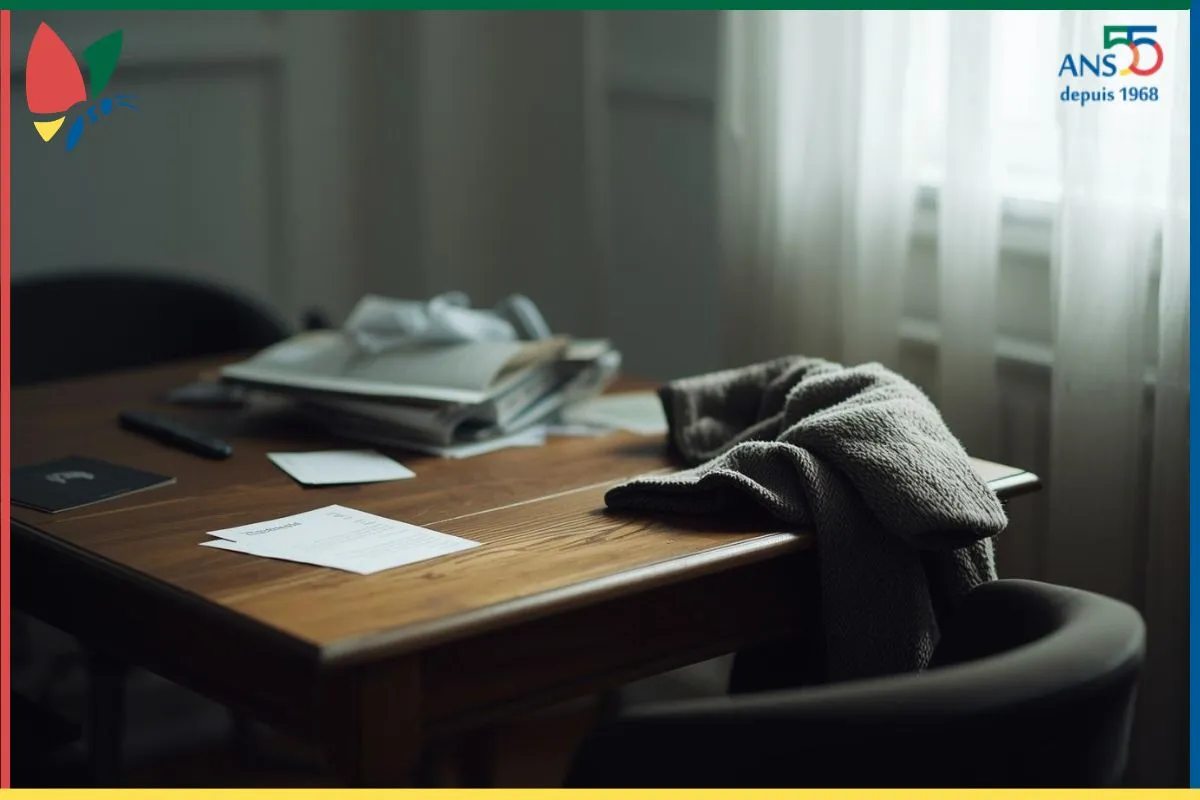 Espace légèrement encombré en fin d’année avec des papiers et un vêtement posé sur une table, illustrant l’accumulation progressive dans un lieu de vie et de travail