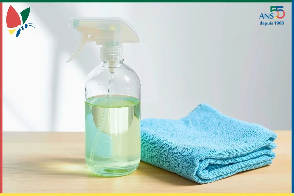 Spray d’entretien écologique et chiffon microfibre posés sur une table, représentant des gestes simples et durables pour garder un espace propre
