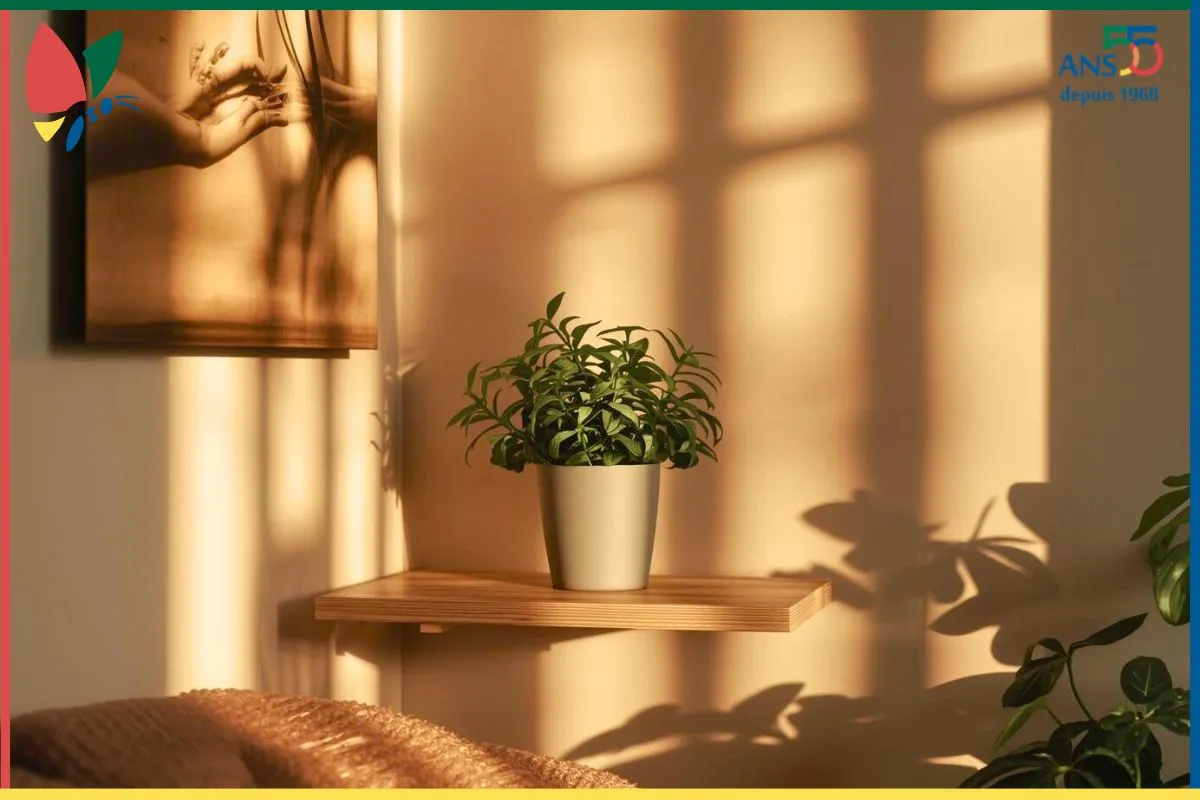 Petit coin de maison baigné de lumière avec une plante posée sur une étagère, illustrant un espace personnel apaisé et soigneusement entretenu